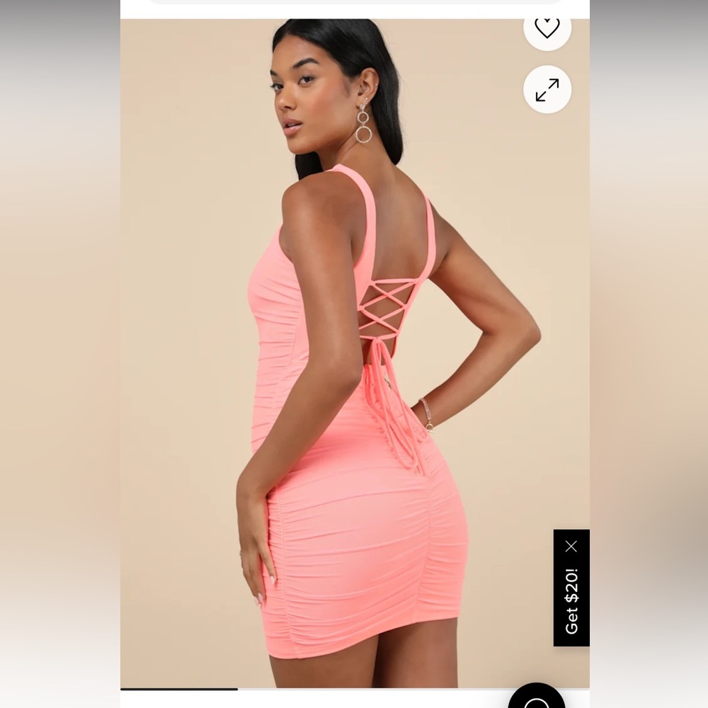 Lulus Sensational Silhouette Neon Coral Mesh Ruched Lace Up Mini Dress